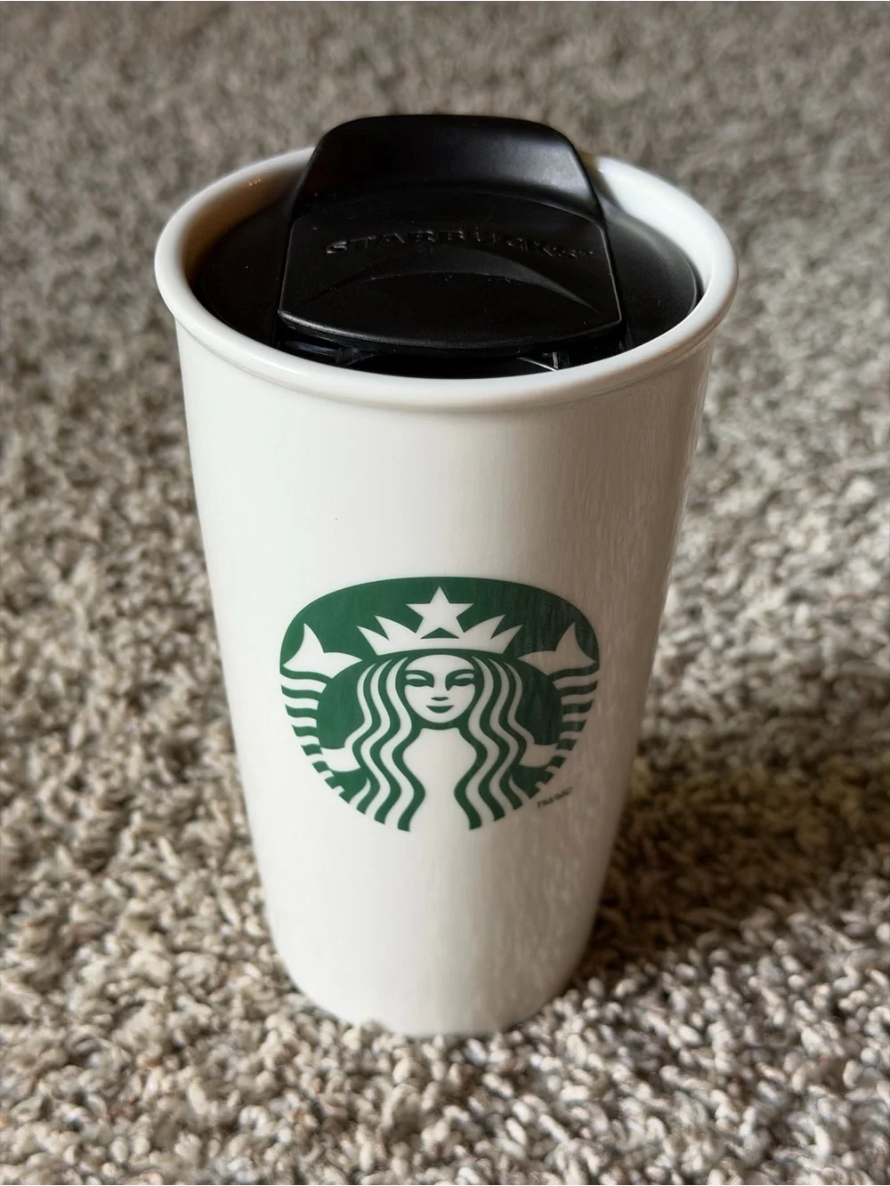 Starbucks White Tumbler with Green Logo and Black Lid